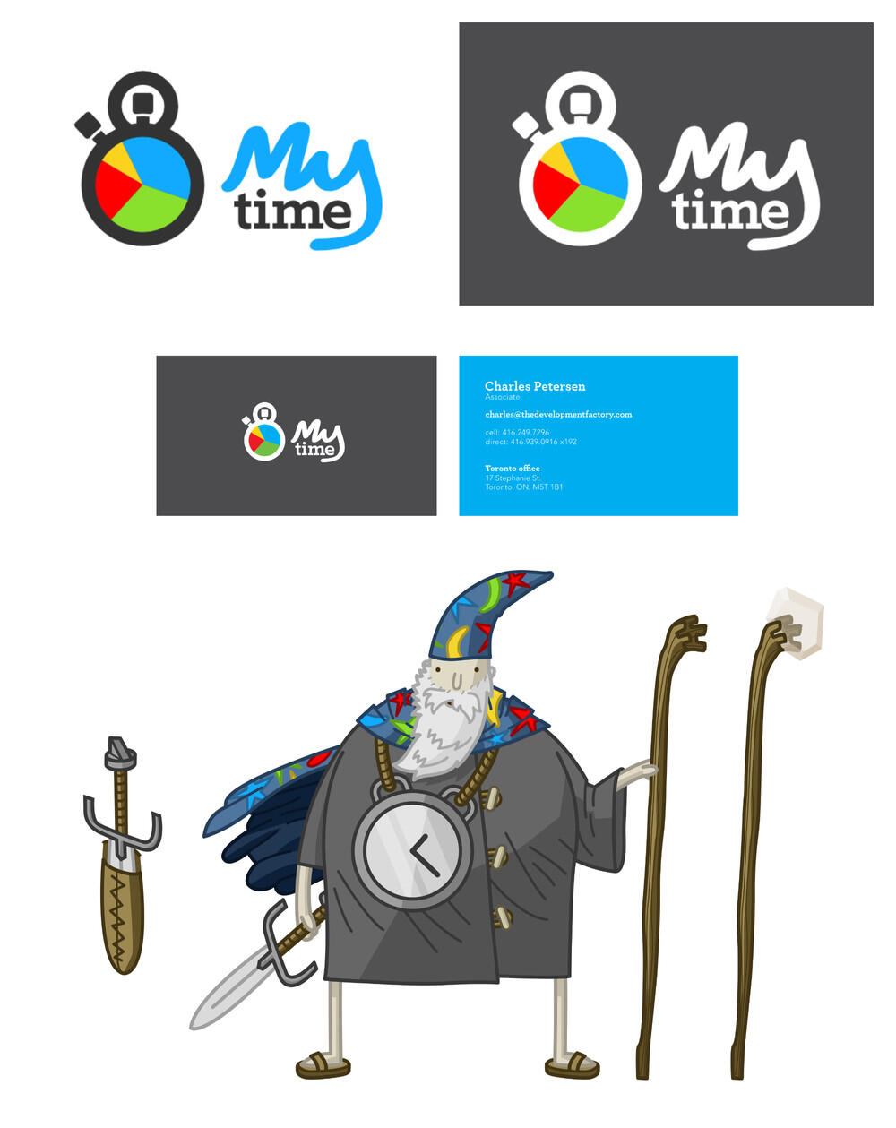 MyTime App Logo: With business cards and mascot (design and illustration).